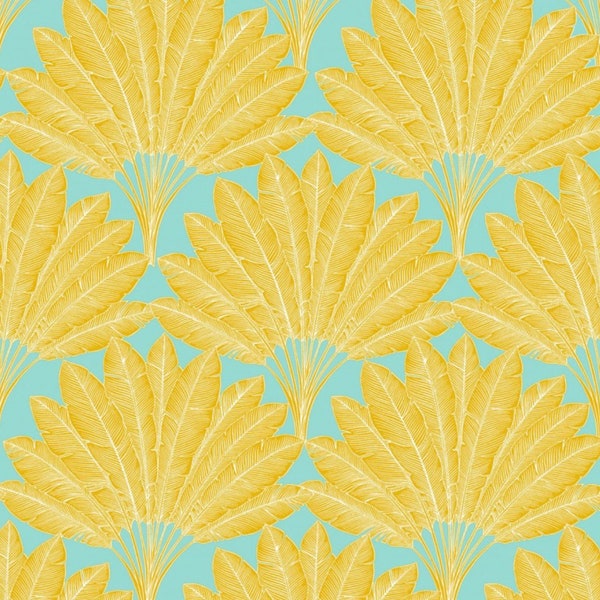 Tissu - L' Arbre Voyageur - Jaune Fond Gris / Ocre Fond Vert d'Eau - Laize 280 / 140cm - Oeko Tex Standard 100 - Maison Thévenon