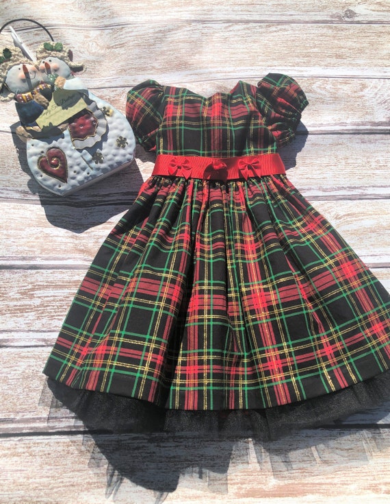 Girls' Black and Red Plaid Christmas Dress with Petticoat Ruffle (Size 4T)