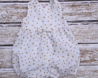 White and Gold Dot Easter Bubble Romper - Girls Easter Gold Dotted Romper - Girls Spring Romper - Girls Wedding Romper - Girls Dressy Romper