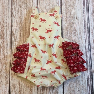Baby Bubble Romper - Red Horses Bubble Romper - Baby Girl Western Holiday Romper - Baby Cowgirl Romper - Ruffled Romper - Baby Romper
