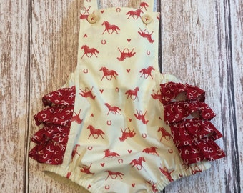 Baby Bubble Romper - Red Horses Bubble Romper - Baby Girl Western Holiday Romper - Baby Cowgirl Romper - Ruffled Romper - Baby Romper