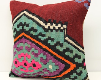 Decorative pillow Boho kelim pillow Interior design Retro Home Decor Natural Dye Kilim Cushion M-2274 Kilim pillow 16x16 inch 40x40 cm
