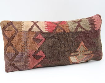 Funda de cojín lumbar Kilim hecha a mano, cojín decorativo turco (8 x 16 pulgadas)
