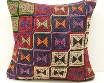 Vintage Kilim Pillow Cover 18x18, Wool Chevron Throw Pillow