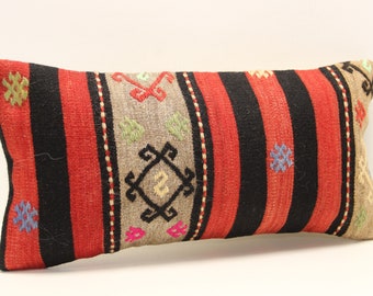 Funda de almohada Kilim turca hecha a mano, almohada lumbar de lana de 25 x 50 cm
