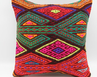 Vintage Kilim Pillow Cover 16x16, Bohemian Throw Cushion