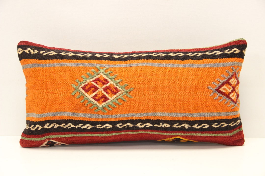Handmade Lumbar Kilim Pillow 10x20 Inch Oriental Boho Pillow Turkish