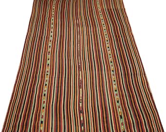 Vintage Turkish Kilim Rug, Art Deco Striped Wool, 9.3x4.5 ft