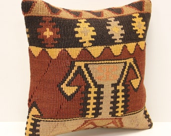 Vintage Turkish Kilim Pillow Cover, Art Deco Sofa Cushion (14x14 inch)