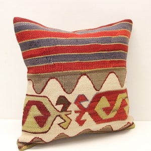 Turkish Kilim pillow 16x16 inch Decorative pillow Boho kelim cushion cover Retro Home Decoration Art deco Vintage pillow cover  M-2985