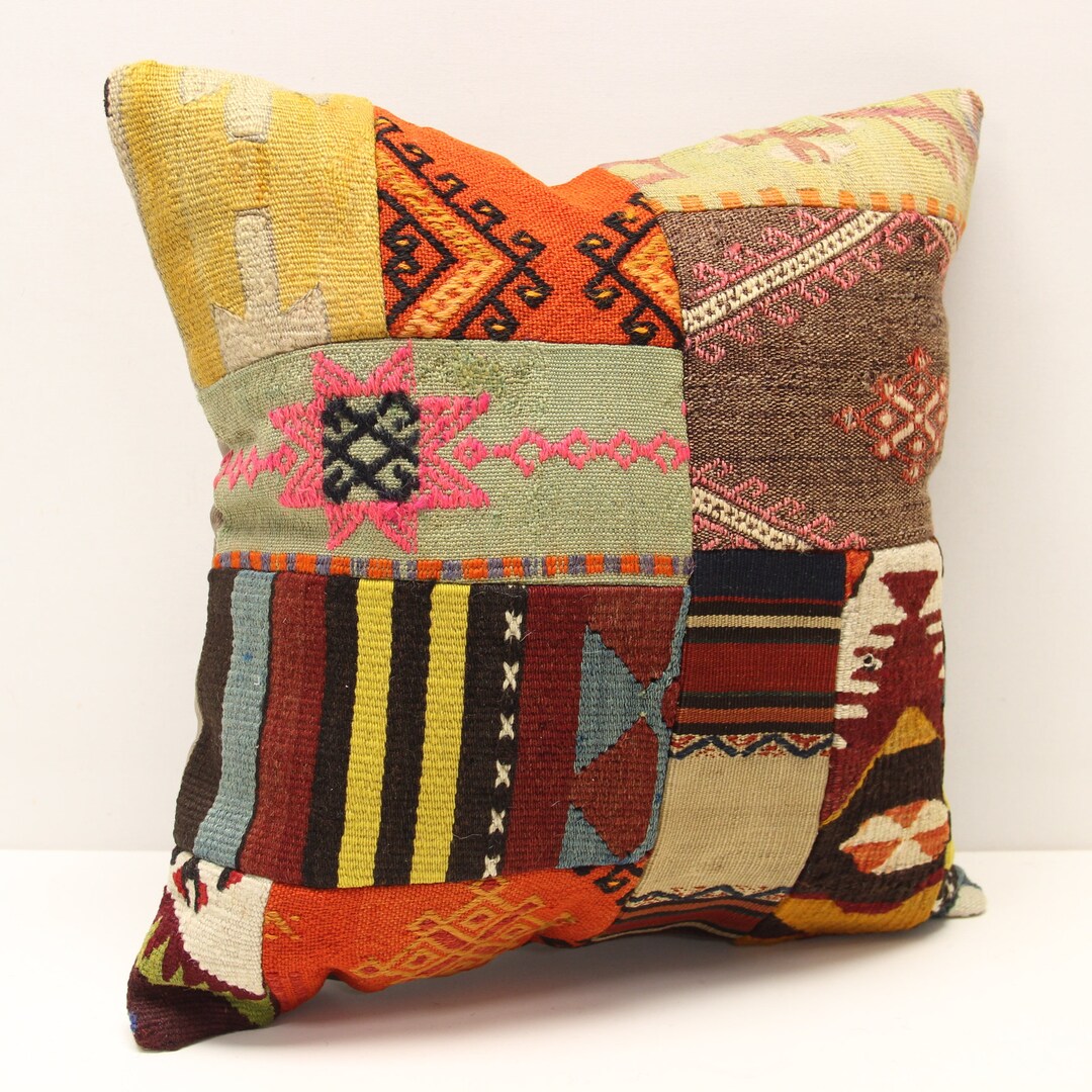 Handmade Patchwork Kilim Pillow Cover, Turkish Woven Cushion (18x18 ...
