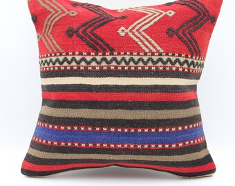Turkish Kilim Pillow Cover 16x16, Boho Woven Cushion