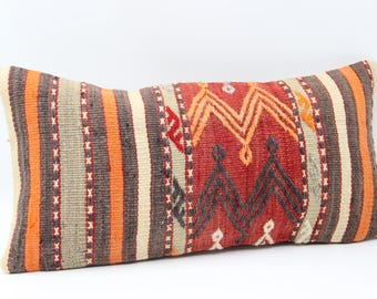 Boho Kelim Lumbar Örngott 10x20, Turkisk Handgjord Kudde