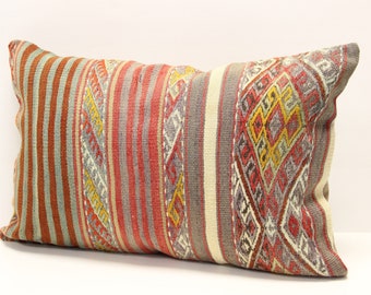 Turkish Kilim Lumbar Pillow Cover, Wool & Cotton, 16x24