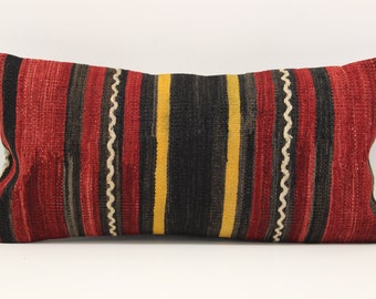 Vintage Anatolian Kilim Pillow Cover 12x24, Ethnic Lumbar Cushion