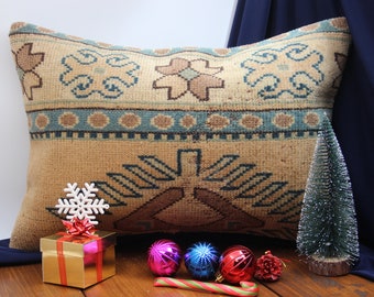 Funda de almohada Kilim turca vintage, cojín lumbar de lana de 16 x 24 pulgadas