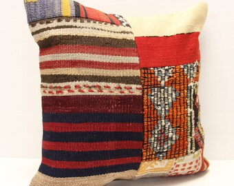 Handmade Patchwork Kilim Pillow Cover, Turkish Woven Cushion (18x18 inch)