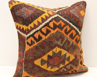 Turkish Kilim Pillow Cover (16x16 inch) - Boho Woven Cushion