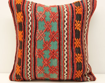 Funda de almohada Kilim turca hecha a mano, decoración bohemia (40,6 x 40,6 cm)