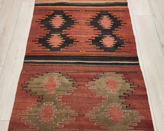 Alfombra Kilim turca hecha a mano, 142 x 0,94 m, alfombra oriental de lana