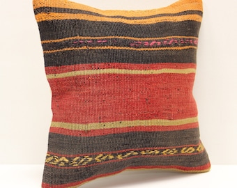 Handmade Turkish Kilim Pillow Cover 12x12, Vintage Wool Throw Pillow