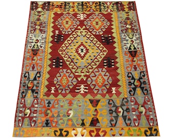 Alfombra Kilim turca, alfombra estilo boho en tonos pastel, 8x5.3 pies
