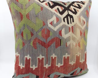 Handmade Kilim Pillow Cover 24x24, Turkish Oriental Accent Pillow