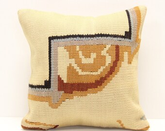 Funda de almohada Kilim turca de 14 x 14 pulgadas, hecha a mano en lana y algodón.