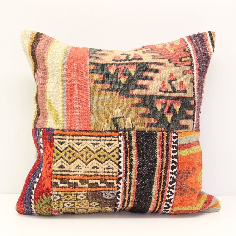 Handmade Kilim pillow Home decor Turkish pillow Accent Hand woven Cushion Cover PZ-375 45x45 cm Patchwork kilim pillow cover 18x18 inch