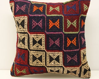 Funda de almohada Kilim vintage, 16x16, de lana y algodón, estilo bohemio