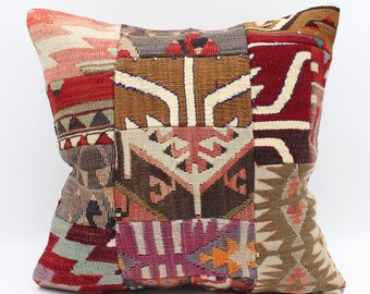 Patchwork Kilim Pillow Cover, 18x18 Handmade Turkish Cushion