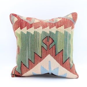 Turkish Kilim pillow cover 16x16 inch Decorative pillow Boho kelim cushion cover Retro Home Decoration Art deco Vintage pillow cover  M-3169