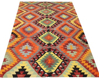 Vintage Turkish Kilim Rug, Handwoven Wool, Bohemian Area Rug (9,6x5,4 ft)