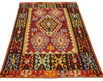 Vintage Turkish Kilim Rug, Handmade Wool Floor Rug 8.7x5.4 ft