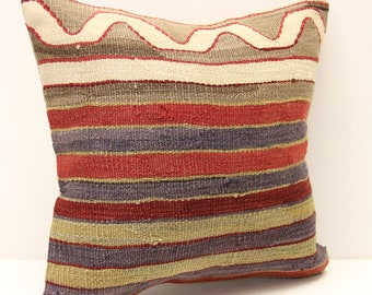 Vintage Turkish Kilim Pillow Cover, 14x14 Bohemian Cushion