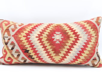 Turkish kilim pillow cover 12x24 inch Oblong Kelim Traditional pillow Accent Pillow Farmhouse Embroidery Oriental lumbar Sofa Pillow D-1119