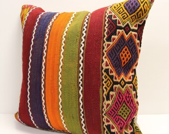 Large Turkish Kilim Pillow Cover, 24x24 Wool Blend, Oriental Home Decor