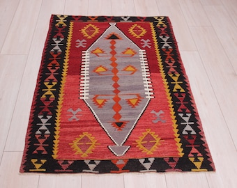 Vintage Turkish Kilim Rug 4'4x2'9, Small Wool Area Rug
