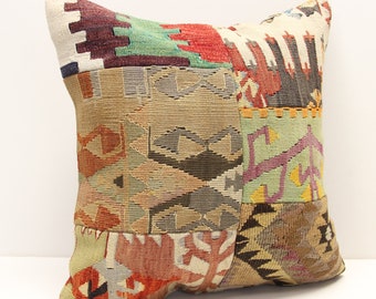 Handmade Patchwork Kilim Pillow Cover, Wool Cotton Blend (18x18 inch)