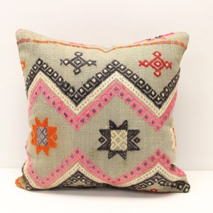 Turkish Kilim pillow 16x16 inch Decorative pillow Boho kelim cushion cover Retro Home Decoration Art deco Vintage pillow cover  M-2980