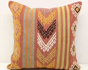 Handmade Kilim Pillow Cover 18x18, Turkish Oriental Chevron Design