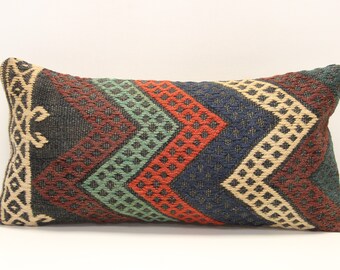 Vintage Wool Kilim Pillow Cover 12x24, Ethnic Lumbar Cushion