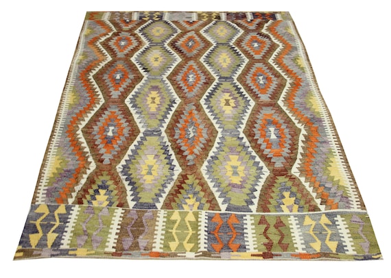 ヴィンテージトルコキリムラグ、ハンドメイドウールエリアラグ（8.2 x