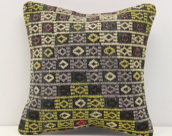 Vintage Turkish Kilim Pillow Cover 12x12, Wool & Cotton Accent