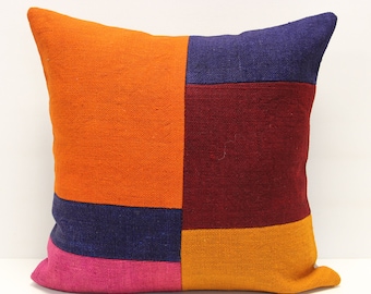 Patchwork Kilim Pillow Cover, Handmade Turkish Cushion (18x18 inch)
