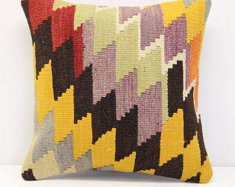 Vintage Kilim Pillow Cover (16x16 inch): Handmade Turkish Wool, Boho Decor
