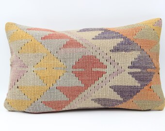 Vintage Kilim Lumbar Pillow Cover 12x20, Handmade Turkish Cushion