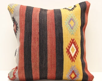 Funda de almohada Kilim hecha a mano de 16 x 16 pulgadas, cojín de alfombra oriental turca