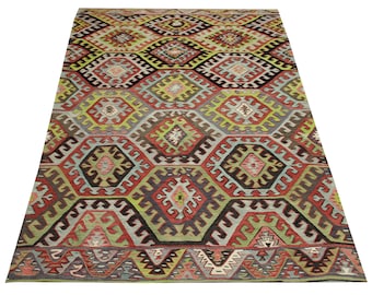 Vintage Turkish Kilim Rug, Handmade Wool Area Rug, 9.8x5.1 ft