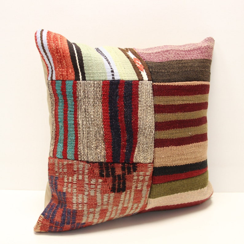 Handmade Patchwork Kilim Pillow Cover, Turkish Woven Accent (18x18 Inch ...